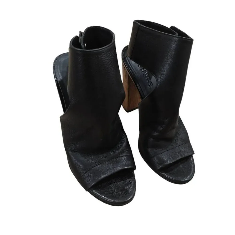 Vince Addie Heels Women's 5 M Black Leather High Heel Open Peep Toe Party Preppy
